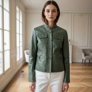 Danier Green Leather Jacket with Stand-Up Collar and Tailored Fit size xs